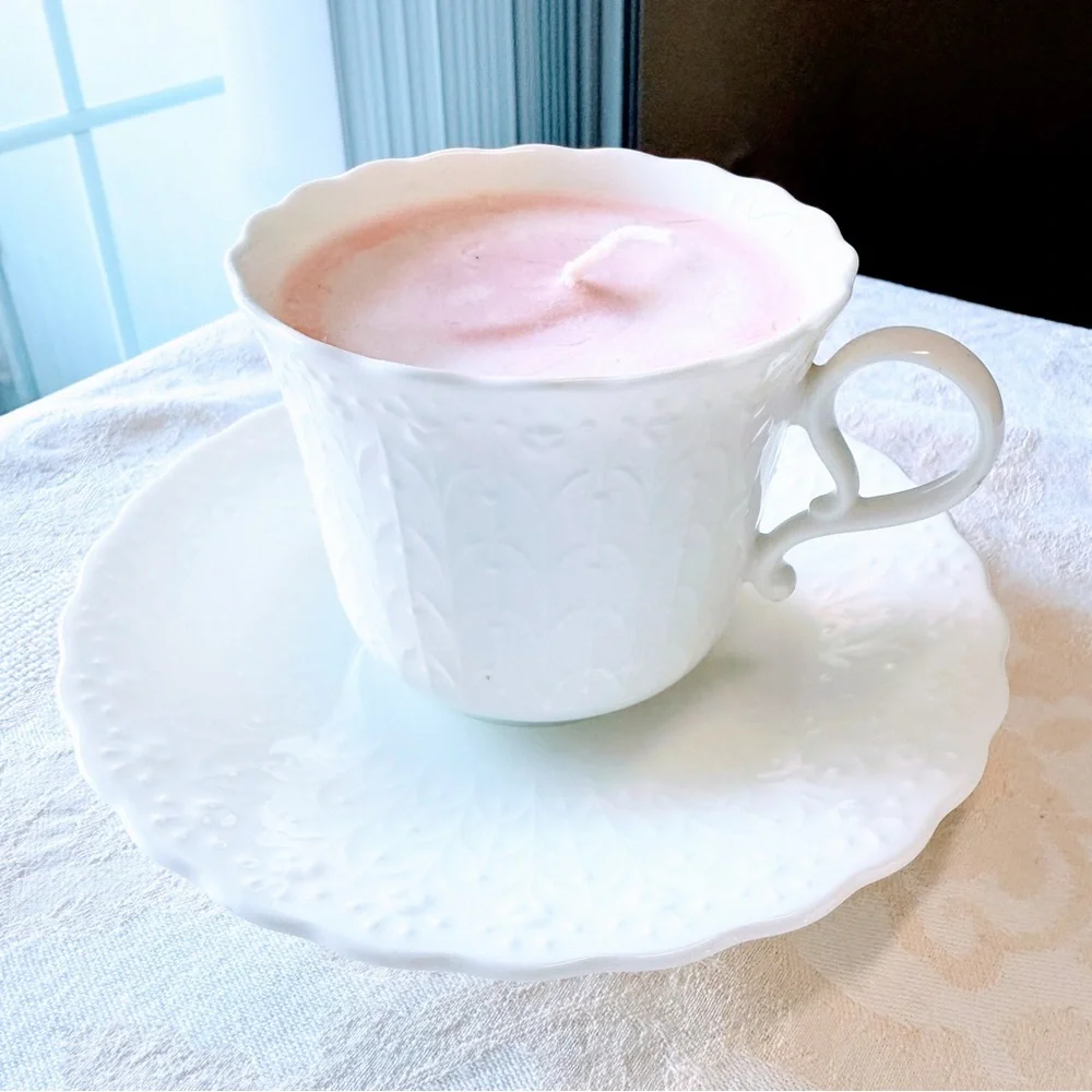 Narumi Bone China Teacup Candle Japan White Floral Cup Saucer Reusable Gift